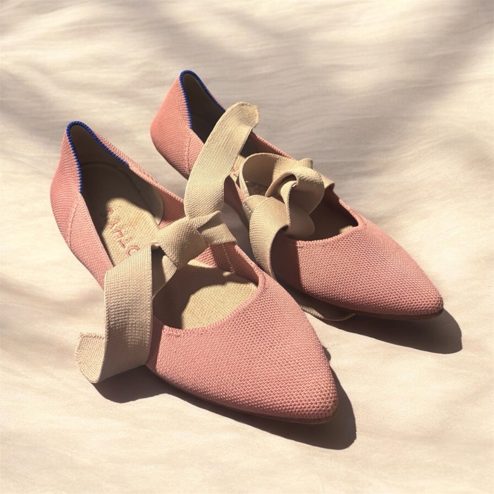 Rothy's Pink Pointed Knit Flats with Cream Ribbon